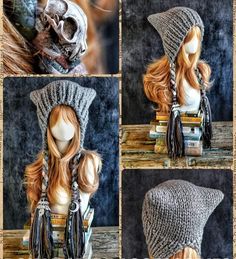 four pictures of the same hat with different hair styles and accessories on top of it