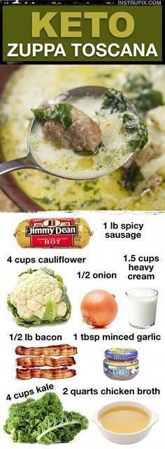 the keto zuppa toscana recipe is shown in this poster with instructions