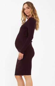 The Sadie Rib Knit Nursing Dress will elevate your look from simple to sophisticated. Made from a high stretch rib knit, this day-to-night dress features full length sleeves and sits on the knee. The cross-front design cleverly conceals easy nursing access, allowing you to keep this beauty on rotation long after pregnancy. / Fully fashion rib knit / Semi fitted / V neckline / Cross over nursing access / Long sleeve / Nursing friendly / Length 100cm (size small) Fitted Ribbed Dresses For Layering, Long Sleeve Ribbed Bodycon Dress For Date Night, Pregnant Wedding Guest Outfits, Maternity Evening Wear, Pregnant Party Dress, Maternity Wedding Dresses, Maternity Evening, Maternity Lounge Wear, Maternity Nightwear