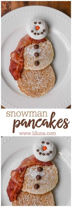 pancakes are stacked on top of each other with bacon and snowman faces in the middle