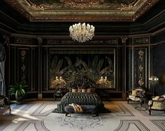 an ornately decorated bedroom with chandelier and couches in the middle of it