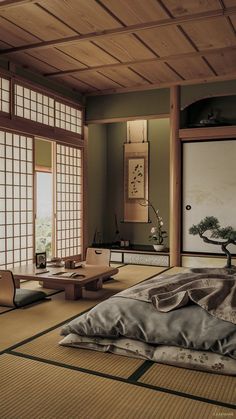 Japanese Bedroom Layout, Asian Home Decor Ideas, Japanese Cozy Bedroom, Japanese Ceiling Lamp, Japanese Design Bedroom, Japanese Indoor Design, Japanese Styled Home, Traditional Japanese Decor, Room Ideas Japanese Style