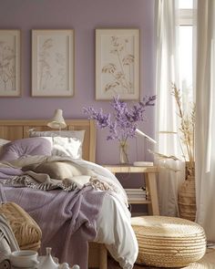 a bedroom with purple walls and white curtains on the window sill, wicker basket in foreground