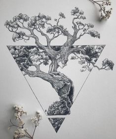 a drawing of a tree in the shape of a triangle on a white wall next to flowers