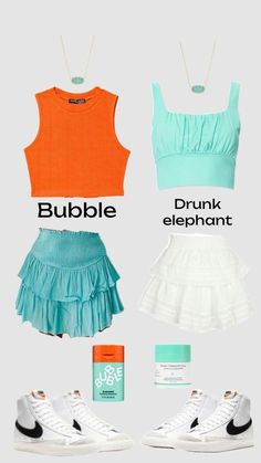 two outfits with the words bubble, drunk elephant and an orange tank top on them