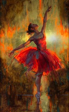 a painting of a ballerina in red and orange