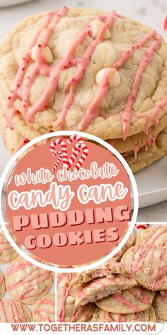 white chocolate candy cane pudding cookies with pink icing