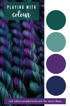 purple and green yarn with the words playing with color on it in front of an image of