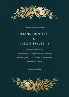 an elegant wedding card with gold flowers and leaves on the front, in dark green