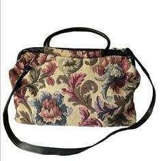 Vintage 70s Victorian Floral Tapestry Colorful Traveler Handbag  large compartment  accessory pocket studded bottom hand strap and removable cross strap height 12 width 16.5 cross strap drop 21 in excellent vintage condition no defect 70s Victorian, Weekend Duffle Bag, Tapestry Pink, Vintage Train Case, Canvas Duffel Bag, Cooler Tote Bag, Floral Carpet, Leather Suitcase, Travel Crossbody