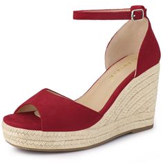 These espadrille wedges heel sandals have faux suede upper and wedge heels to add a touch of style to your everyday look. Perfect for going to work or going out. Pair with your favorite dress, skirts, or shoes for a chic look. Espadrille Wedges; Platform; Ankle Strap; Open Toe; Vamp: Faux Suede; Outsole: TPR; Heel: EVA; Heel Height: 3 7/8 inches; Platform Height: 1 inch. Size: 7.5. Color: red. Gender: female. Age Group: adult. Pattern: Solid. Cheap Red Wedge Sandals For Summer, Cheap Orange High Heel Wedge Sandals, Cheap Red Party Wedge Sandals, Heeled Espadrilles, Espadrilles Platform, Ankle Strap Wedges, Strap Wedge, Stylish Sandals, Shoes Heels Wedges