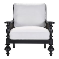 a white chair with black legs and a cushion on it's backrests