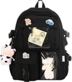 Kawaii Black Travel Backpack, Harajuku Style Black Backpack For Daily Use, Black Harajuku Backpack For Everyday Use, Black Harajuku Style Everyday Backpack, Black Kawaii Backpack For Everyday Use, Cute Black Student Backpack, Kawaii Black Backpack For School, Cute Black Backpack For Students, Black Kawaii Backpack For Students