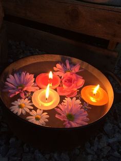 three lit candles in a bowl with flowers floating on the ground next to rocks and gravel