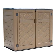 an outdoor storage shed with two doors