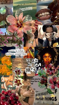 a collage of photos with flowers and words