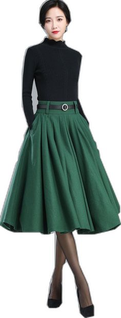 Fall A-line Pleated Maxi Skirt, Green Pleated Maxi Skirt For Fall, Green Midi Skirt For Fall, Winter Fitted Belted Skirt, Green Pleated Skirt For Fall, Solid Color A-line Pleated Skirt For Fall, Solid A-line Pleated Skirt For Fall, Winter Green Flared Skirt, Winter Pleated Full Maxi Skirt