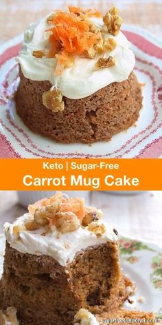 carrot mug cake with frosting and nuts on top