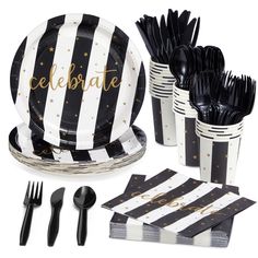 black and white striped party supplies with gold foil lettering on the plates, napkins, forks, cups, and utensils