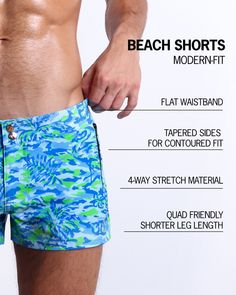 The most versatile pair of men’s beach shorts you’ll ever wear. BANG! Beach Shorts are the perfect all-rounder between the beach and everything else before and after. Styled after the fashionably look of a modern-fit walk short, these premium men’s swim trunks are delivered in a body-sculpting and shape-contouring format for a perfect fit. Meet the ultimate men’s boardies to take you from the beach to the party without missing a beat. Made with a stretchy, waterproof, light weight and soft fabri Blue Boxer Briefs With Built-in Shorts For Beach Season, Blue Short Boxer Briefs For Beach, Green Swim Trunks With Built-in Shorts For Summer, Green Swim Trunks With Built-in Shorts For Poolside, Tropical Swim Trunks With Built-in Shorts, Green Swimwear With Built-in Shorts For Beach, Tropical Swim Trunks With Built-in Shorts For Beach Season, Casual Blue Boxer Briefs For Beach Season, Bermuda Swim Trunks With Built-in Shorts For Vacation