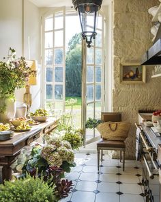 a kitchen with an open door leading into the dining room and garden area, along with potted plants