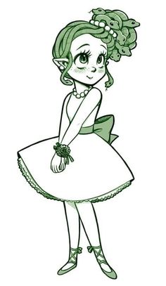 a drawing of a girl in a green dress