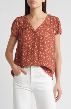 Treasure & Bond V-Neck Popover Top | Nordstrom Chic Floral Print V-neck Top, Versatile V-neck Viscose Blouse, Casual Floral Print V-neck Top For Summer, Casual Short Sleeve V-neck Top For Brunch, Summer Rayon V-neck Tops, Effortless V-neck Blouse For Day Out, Flowy V-neck Blouse With Floral Print, Casual Flowy V-neck Peasant Top, Flowy V-neck Casual Blouse