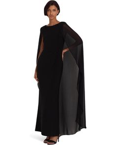 LAUREN Ralph Lauren Georgette-Cape Jersey Gown | Zappos.com Elegant Evening Gown With Cape Sleeves, Black Fitted Gown With Cape Sleeves, Black Evening Gown With Cape Sleeves, Evening Mother Of The Bride Dress With Cape Sleeves, Mother Of The Bride Evening Dress With Cape Sleeves, Black Gala Dress With Cape Sleeves, Pre-draped Evening Maxi Dress With Cape Sleeves, Pre-draped Cape Sleeves Evening Maxi Dress, Pre-draped Cape Sleeves Maxi Dress For Evening