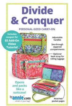 an advertisement for the sewing book divide and conquer, featuring two pieces of luggage with zippers