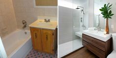 two different pictures of a bathroom with toilet, sink and bathtub