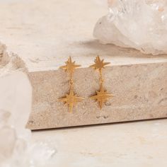 These stud star earrings have a celestial feel, showing off a delicate North Star in demi-fine gold vermeil. Made responsibly from premium materials, the earrings have a matt brush finish and are great to wear stacked around your ear. Simple, stunning and made to last, pair with a matching North Star necklace for an understated set with serious style. Gold Star-shaped Celestial Earrings, Gold Starburst Celestial Earrings, Gold Celestial Star Earrings, North Star Necklace, Earrings Double, Star Earrings Stud, Demi Fine Jewelry, Luxury Gift Box, Recycled Silver