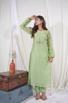 This beautiful kurti with pants is best for all your upcoming occasions. It is exquisitely embellished with thread work. The fabric we use is of premium quality. Length of this dress is 48. If you need any kind of customizations. You can reach us on Instagram @labeltamannarungta. We provide extra margins for alterations (if customer want to resize it to a bigger size). Green Dress Party, Chanderi Dress, Kurti With Pants, Beautiful Kurti, Long Kurti, Thread Work, Dress Party, Dry Clean Only, Womens Clothing Tops