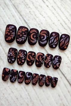 Your order will contain a full set of press on nails (unless you're providing your nail sizes for custom sizing) hand painted in a dark Burgundy color with various witchy moon designs.  #witchyvibes #rustic #celestial #aesthetic #pressonnails #halloween #nailartaddict #nailsbyling Nails Moon, Faux Nails, Witch Nails, Moon Designs, Moon Nails, Nails Cute, Nails Only, Dark Burgundy, Oval Nails