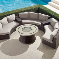 Often imitated, our exceptional Pasadena II Modular Collection creates an inviting open-air chat room that can easily be arranged (and rearranged) to accommodate your unique outdoor space. Strands of all-weather, high-density polyethylene wicker are handwoven over a powdercoated aluminum frame to create outdoor seating that will look great for years to come and resist rust   even in harsher climates. Included cushions are upholstered in 100% solution-dyed acrylic fabric and have mesh bottoms for Clearance Outdoor Furniture, Unique Outdoor Spaces, Modular Unit, Burner Covers, Furniture Placement, Fire Glass, Fire Table, Occasional Table, Stone Top