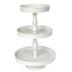 three tiered cake stand in white on a white background