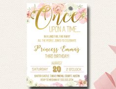 a pink and gold birthday card with flowers on the front, one upon a time