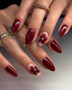 Winter Blooming Gel Nails, Cherry Burgundy Nails, Red French Cherry Nails, Burgundy French Tip Square, Burgundy Blooming Gel Nails, Winter Nails Elegant, Christmas Burgundy Nails, Christmas Nails Chic, Dark Red Gold Nails