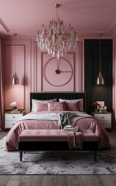 a pink bedroom with gold accents and chandelier hanging from the ceiling, along with a large bed