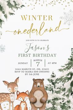 an animal themed birthday party with deer, bear and snowflakes on the background