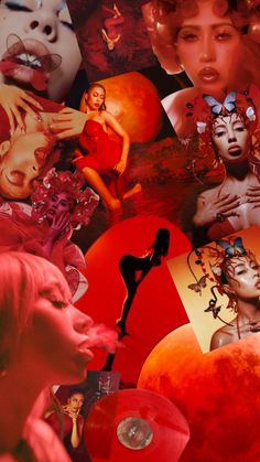 a collage of various images with red and pink colors on them, including an image of a woman's face