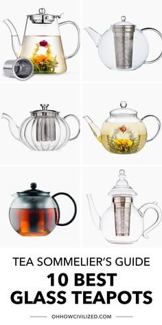 teapots with different types of glass in them and the words tea sommeer's guide to 10 best glass teapots