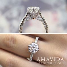 the side view of a diamond engagement ring with diamonds on it and an image of a woman's hand