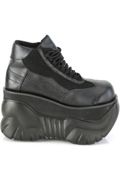 4" Platform Cyber Lace Up Sneaker Shoes - Fit Guide: True to Size - Heel Height: 4" Platform - Brand: Demonia - Unisex (Sizes are shown in Men's), Women order up 2 Sizes - Country of Origin: Imported Black Platform Boots For Streetwear, Streetwear Boots With Studded Rubber Outsoles, Black Low-top Leather Platform Boots, Black Leather Low-top Platform Boots, Low-top Synthetic Boots With Vibram Sole, Black Low-top Platform Boots With Lug Sole, High-top Synthetic Platform Boots For Streetwear, Black High-top Synthetic Platform Boots, Synthetic High Heel Boots For Streetwear