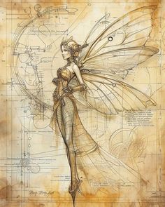 a drawing of a woman with wings on top of a piece of paper and some drawings