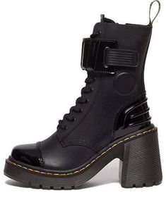 (WMNS) Dr. Martens Gaya 10-Eye Alternative Leather Heeled Boots 'Black' 31006001 Black High Heel Platform Moto Boots, Black Leather Boots With Reinforced Heel, Black Calf Leather Ankle Heeled Boots, Black Calf Leather Boots Medium Width, Black Calf Leather Ankle Boots, Black High-top Platform Boots With Reinforced Heel, Black Leather Sole Boots With Round Toe, Black Boots With Leather Sole And Round Toe, Black High Heel Platform Boots With Padded Heel