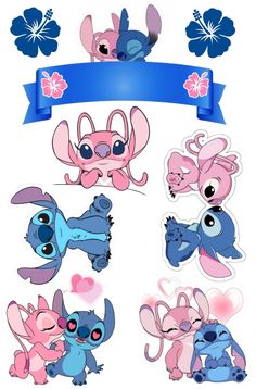 some cute little cartoon animals with blue ribbon and flowers in the background, one is pink