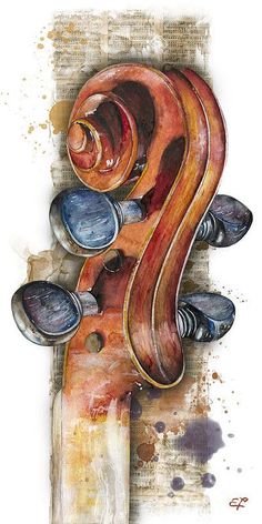 an abstract painting of a violin's head and neck with many different colored parts