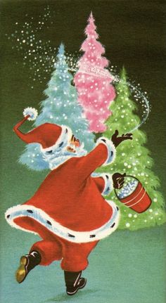 an old fashioned christmas card with santa claus dancing in front of a decorated christmas tree