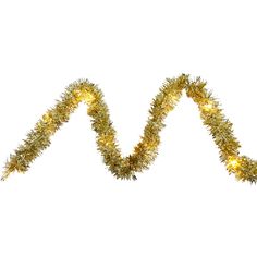 a gold tinsel christmas garland with lights on it's side and the letter m in the middle