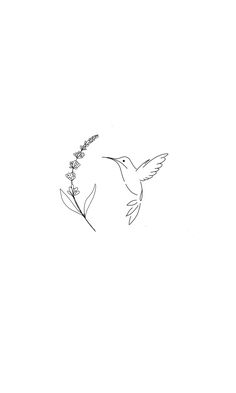 a black and white drawing of a hummingbird flying with flowers in it's beak